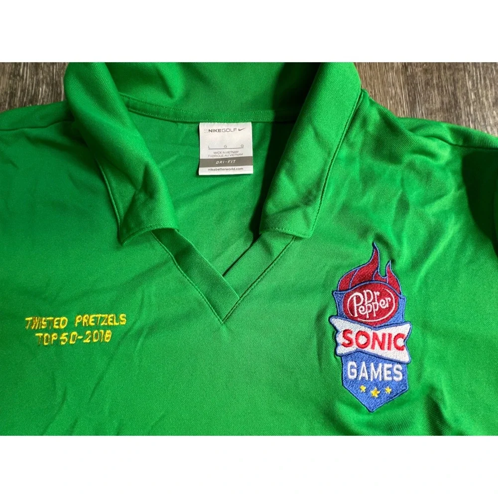 Nike Golf Polo Shirt Womens Large Green Dr Pepper Sonic Games Twisted Pretzels